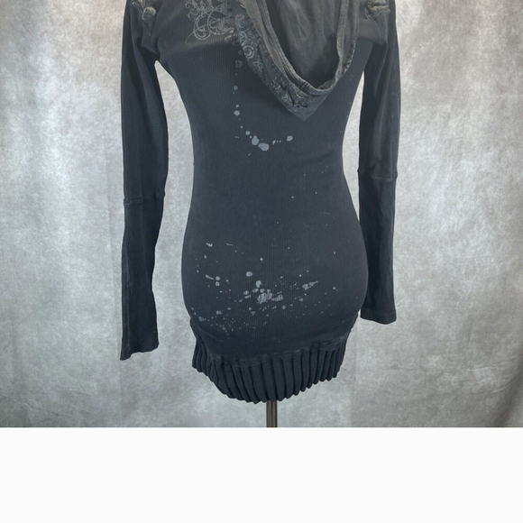 Treasure Rock Black Hooded Distresses Long Sleeved Sweater Dress. M - Picture 3 of 8